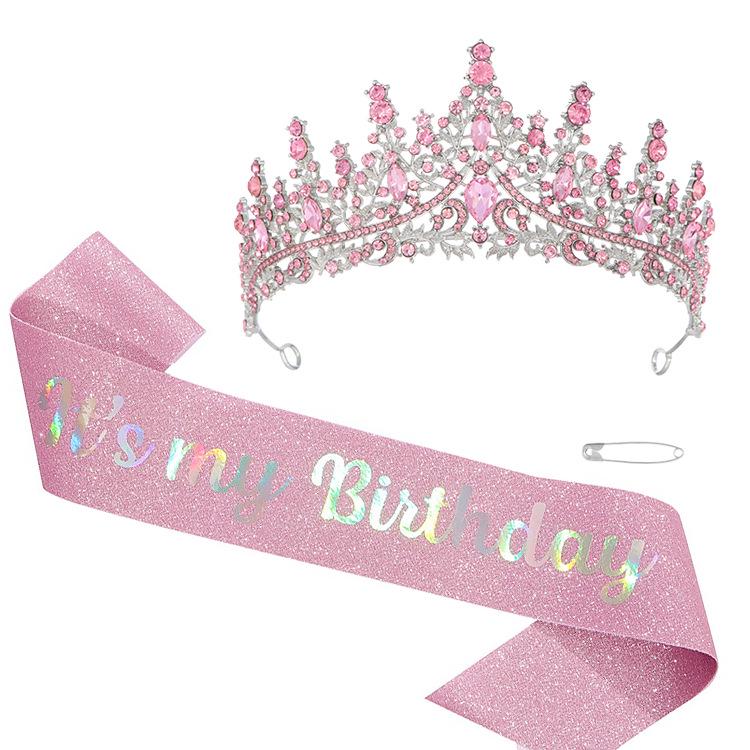 Birthday Queen Pink Rhinestone Crown & Shoulder Strap Set - Party Accessories