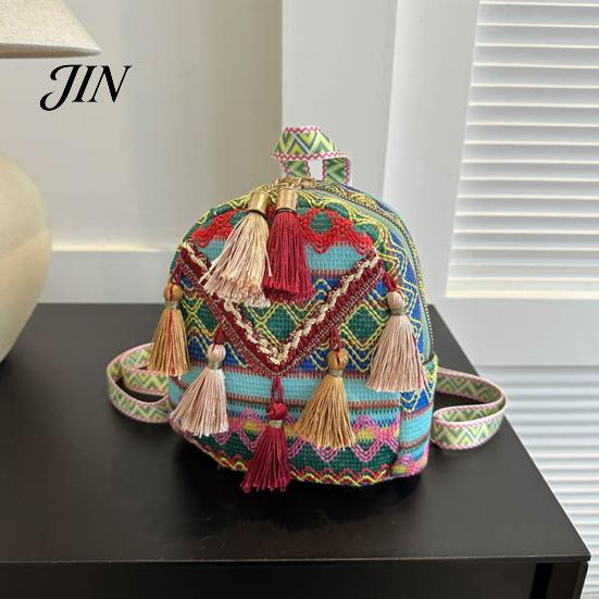 Shoulder Pressure Relief Bag Ethnic Jacquard Backpack, Colorful Small Backpack with Tassels, Geometric Tassel Decoration Straps, Boho Crossbody Purse