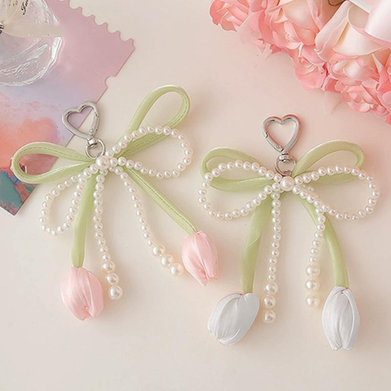 Bag Charm 1Pcs Bag Charm Pendant With Ribbon Pearl Tulip Jewelry For Women Key Chains DIY Decoration