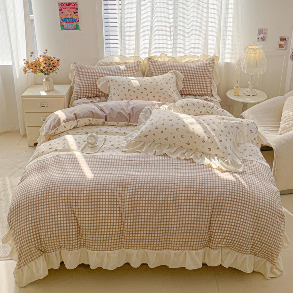 3pcs  Korean Lace Duvet Cover Set (1*Duvet Cover + 2*Pillowcase, Without Core), Pink Checkered Print Bedding Set