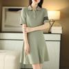2025 Women's Summer Polo Collar Slimming Mid-Length Color Block Dress with Big Swing Cotton Skirt