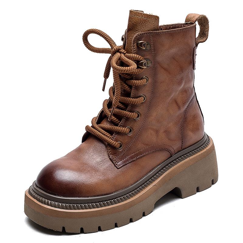 Autumn Winter Genuine Leather Platform Martin Boots for Women Distressed Finish Chunky Sole Side Zipper Ankle Boots