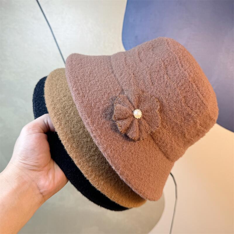 Basin Hat New Women's Autumn and Winter Foldable Fashion Warm Pearl Flower Bucket Hat