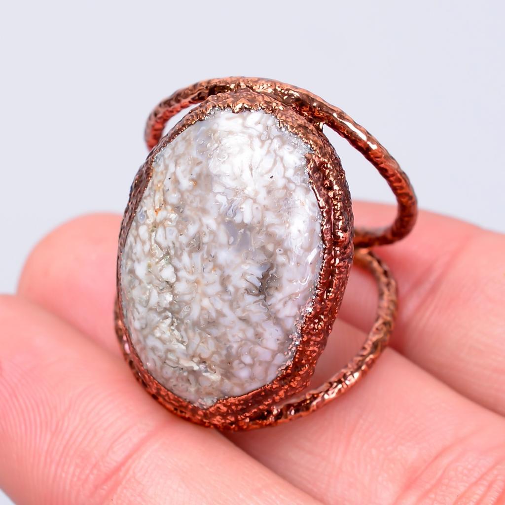 Oval Fossil Coral Stone Copper Eternity Promise Boho Electroformed Ring Jewelry V-59