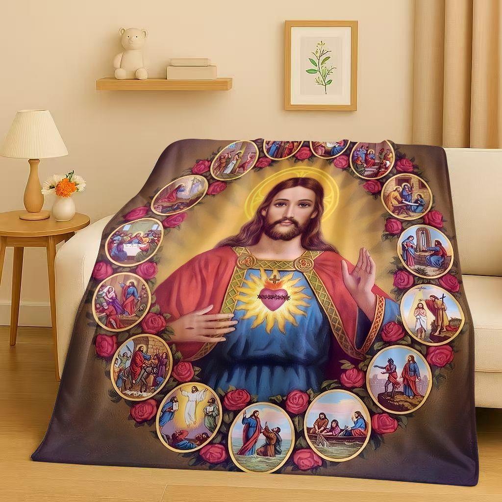 Classic Jesus Virgin Mary Art Flannel Blanket,Ultra Soft Warm Plush Throw for Home Bedroom Bed Sofa Cover Office Travel Gift Kid
