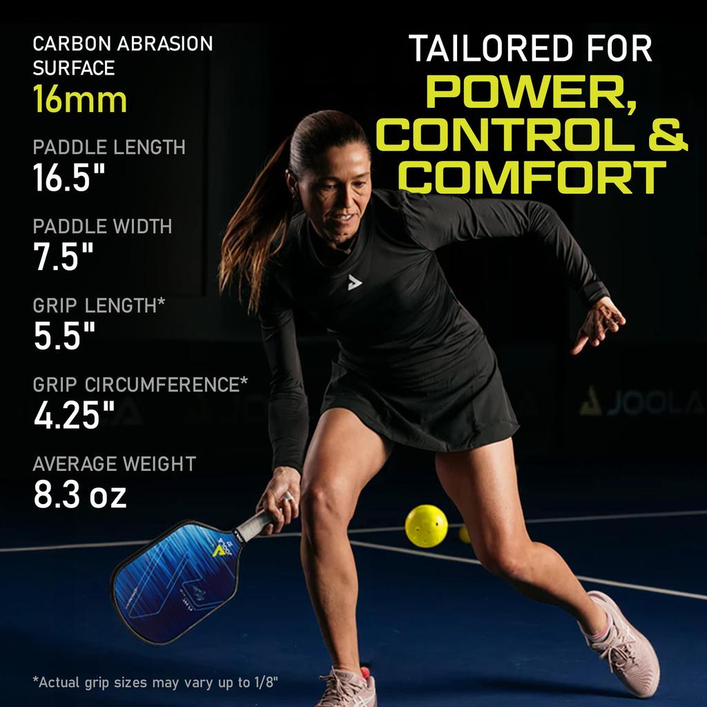 JOOLA Ben Johns Hyperion CAS 16 Pickleball Paddle Carbon Wear High Grit Long Slender Handle for Secure Polypropylene Honeycomb USAPA Approved -