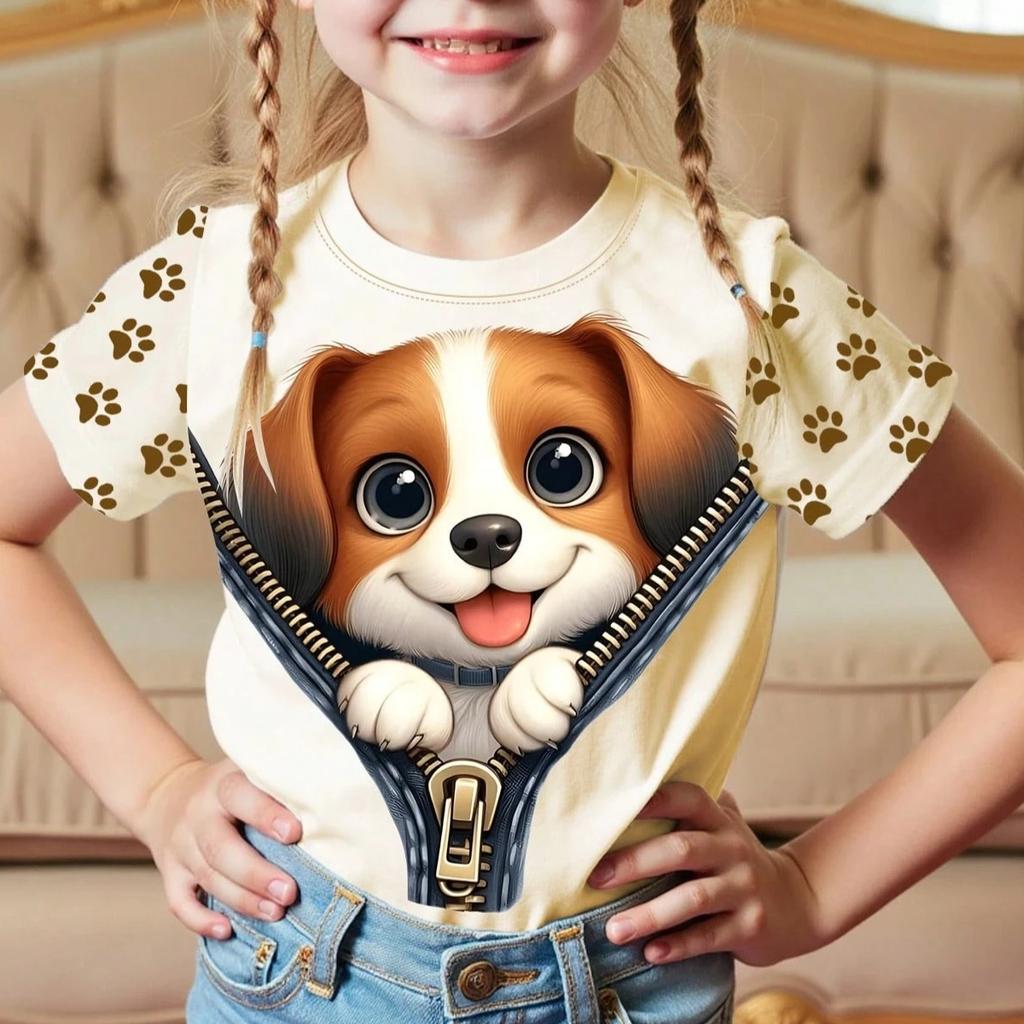 Summer Round Neck Cute Animal Pattern 3D Printed Top Fashionable Casual Short Sleeved Children's Girl T-shirts