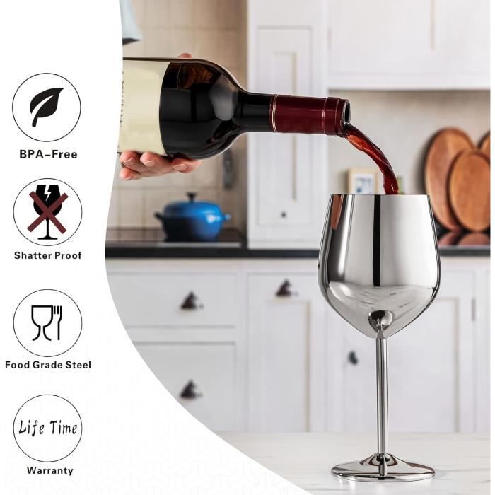 Verres À Vin - WOTOR - Set De 4 - Acier Inoxydable 304 - 540ml - Incassables Et Légers