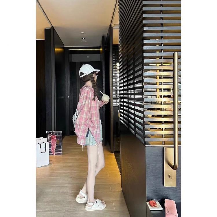 Women's Retro Pink Plaid Polo Shirt - Over 95% Cotton - Korean Style for Early Autumn