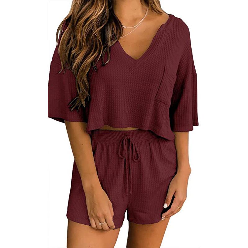 Spring and Summer Waffle Short Sleeve V-Neck Top Shorts Home Two Piece Set