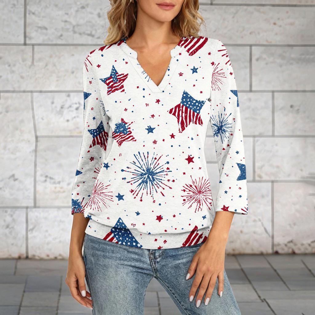 Women's 3/4 Sleeve Neck Hem V-Neck Summer Casual Base Top Independence Day Printed Top