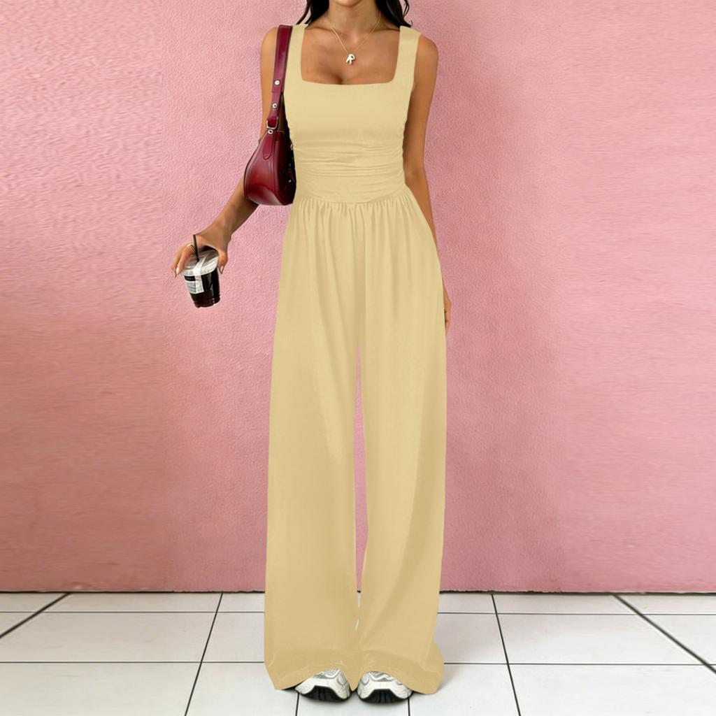 Women Sleeveless Wide Leg Jumpsuit Square Neck Ruched Bodice Casual Loose Fit Long Pants Outfit