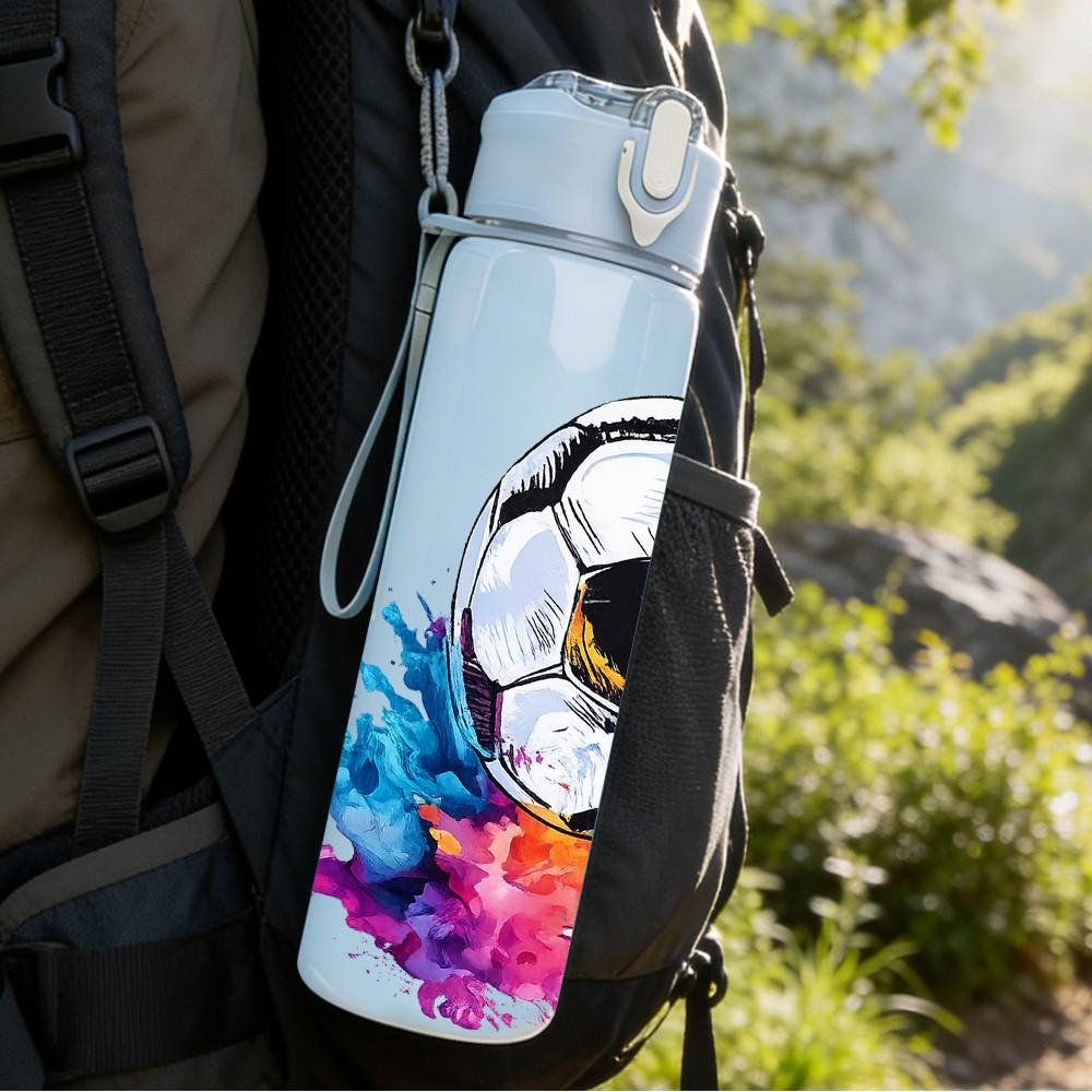 1PC Soccer Ball Color Splash Print 750ml Color Plastic Sports Water Bottle Leakproof Flip Straw Lid Suitable for Sports Office Home Use