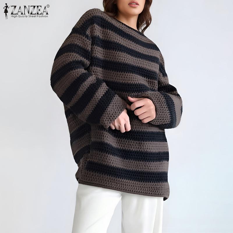ZANZEA Women O-neck Long Sleeve Striped Knitted Pullover Sweaters Knitwear Jumpers