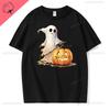Women Ghost Pumpkin Bat Print Round Neck Pullovers Funny Halloween Costume Cotton Shirt Graphic T Shirts Y2k Top Harajuku Tops