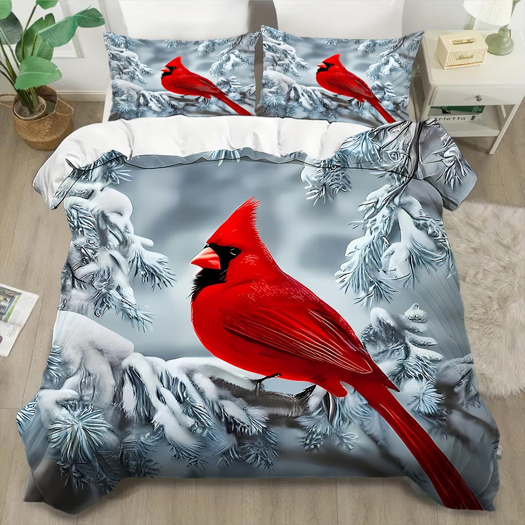 Comforter 3Pcs Red Bird Winter Snow Ultra Soft Comfortable Breathable Bedding Animal Theme For Bedroom