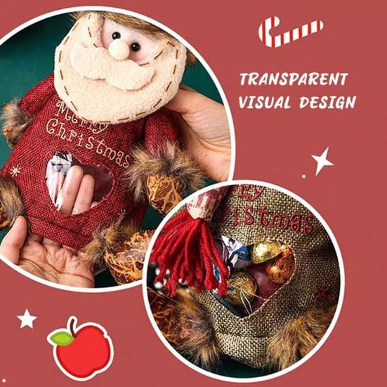 Yousheng Burlap Christmas Gift Bags Zipper Design Plush 3D Santa Snowman Doll Fruit Bags Reusable Fabric Storage Bag for Gifts Candy