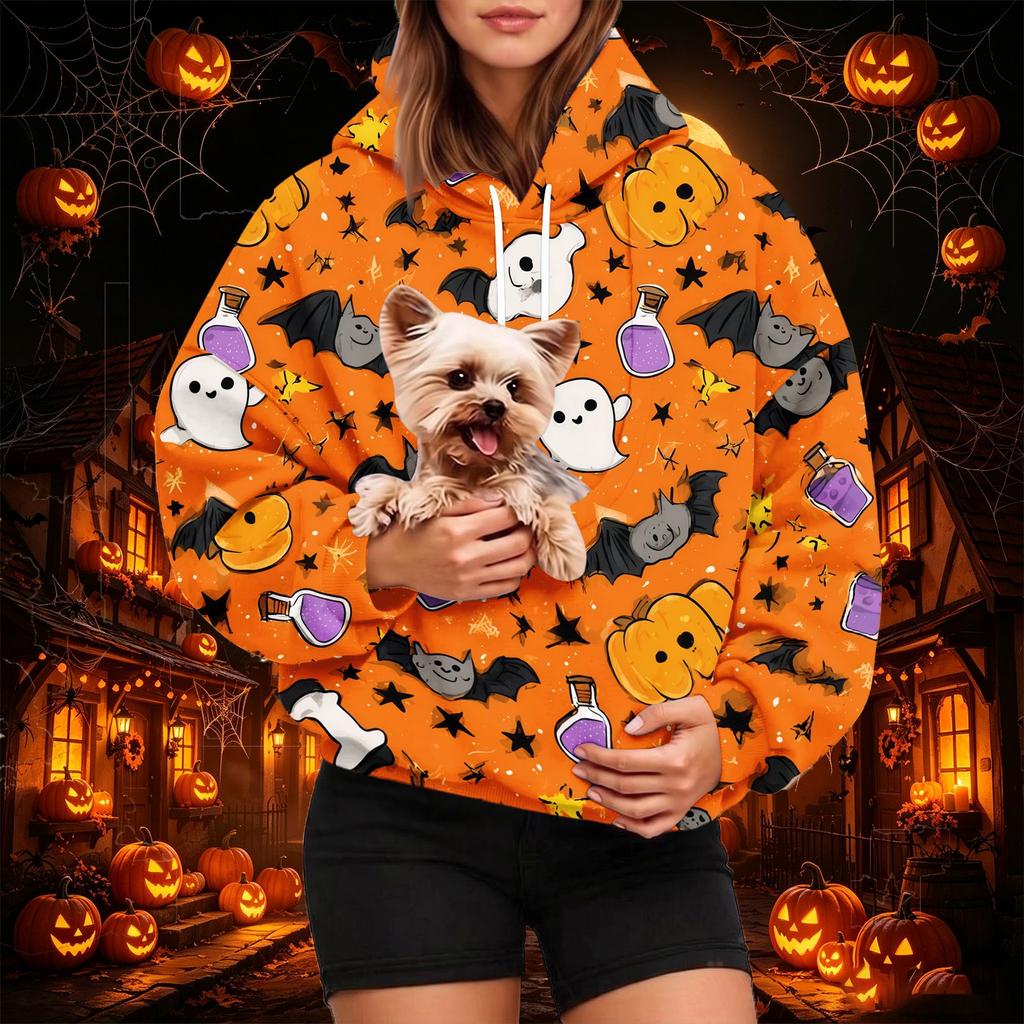 Women's Fashion Halloween Print Hoodie with Pet Pocket, Casual Pullover Sweatshirt for Fall
