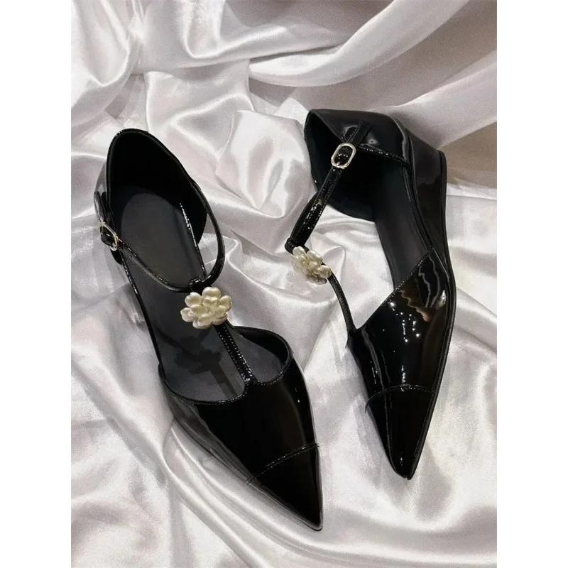 Black Pointed Toe Ladies Shoes Flower Decoration Zapatos Mujer  New Fashion Buckle Strap Sapato Feminino Cozy Women Flats