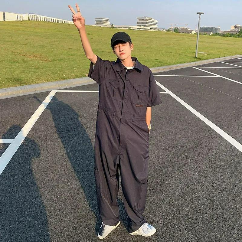 Street Overalls One-piece Men's Trendy Brand Hip-hop Short-sleeved Jumpsuit Suit Wide-leg Pants Straight-leg All-in-one Pants