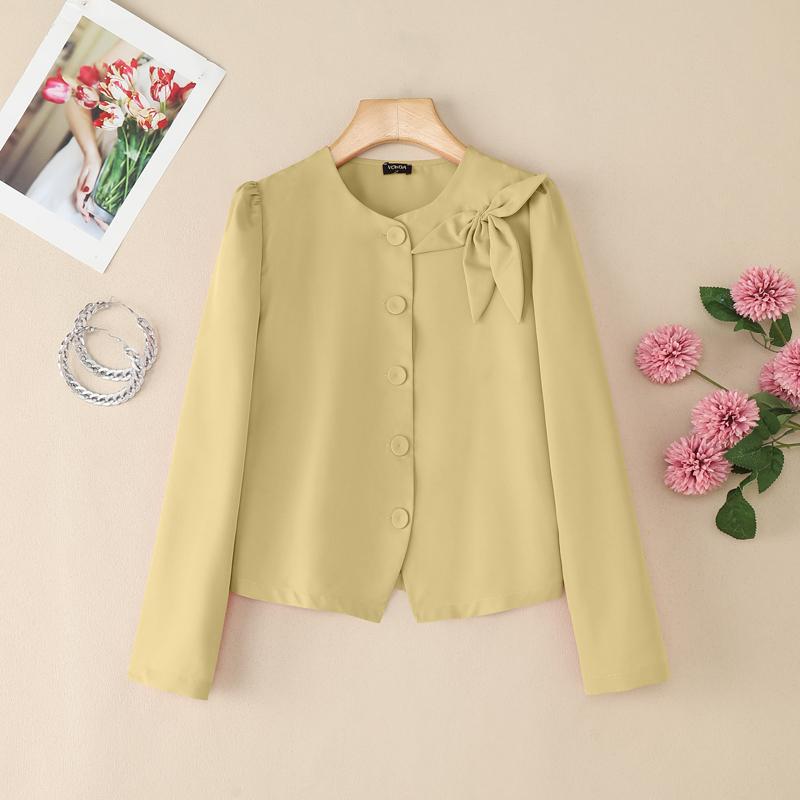 

VONDA Women Elegant Casual Bow Knot Buttons Up Long Sleeve Blouse 5XL хаки
