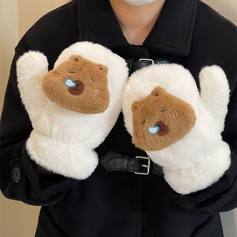 Mitaines d'hiver chaudes en peluche pour femmes avec cordon de cou - Gants de cyclisme coupe-froid