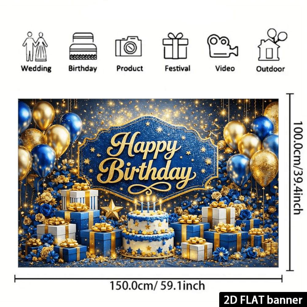 2D planar dark blue gold luxurious birthday party backdrop with the center featuring the golden "Happy Birthday" text.PMJ