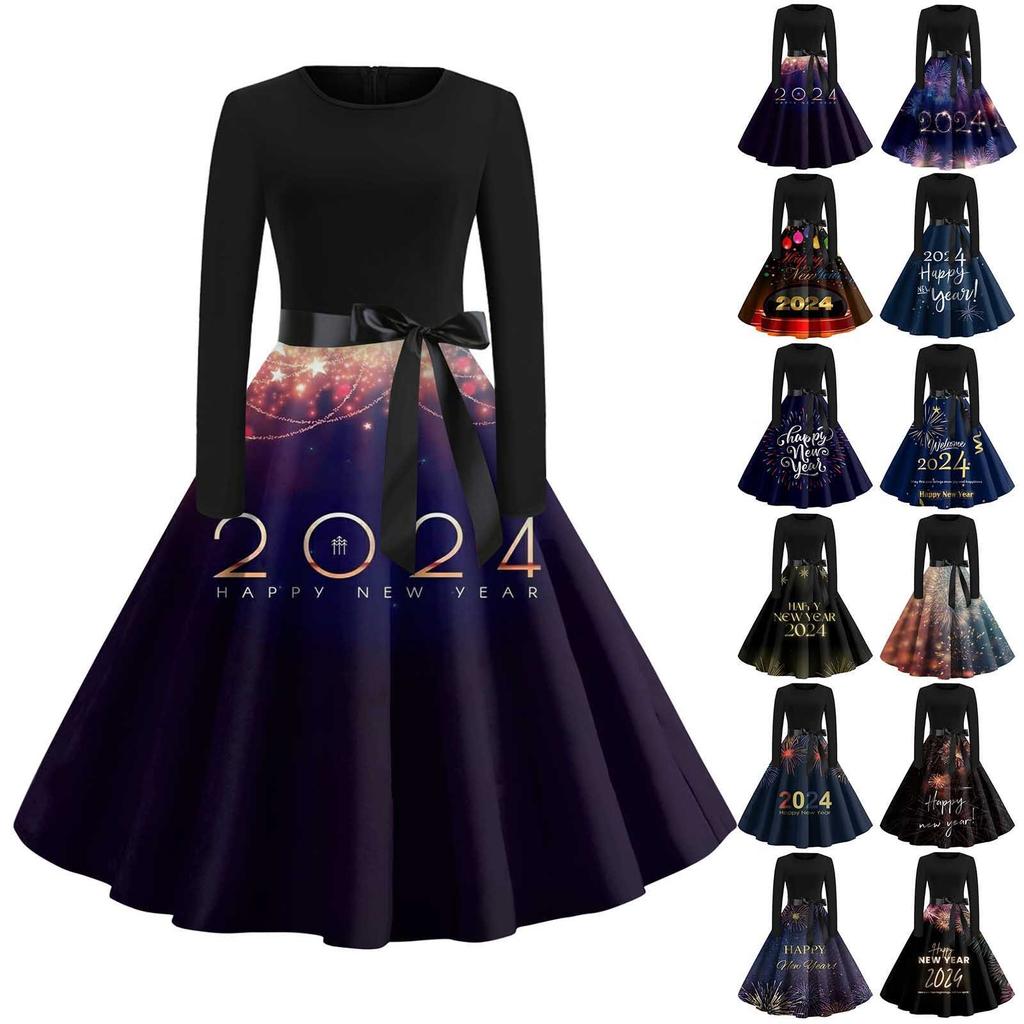 Women's Vintage Classic Dress Long Sleeve 2024 New Year Printed Ound Neck Swing Dress