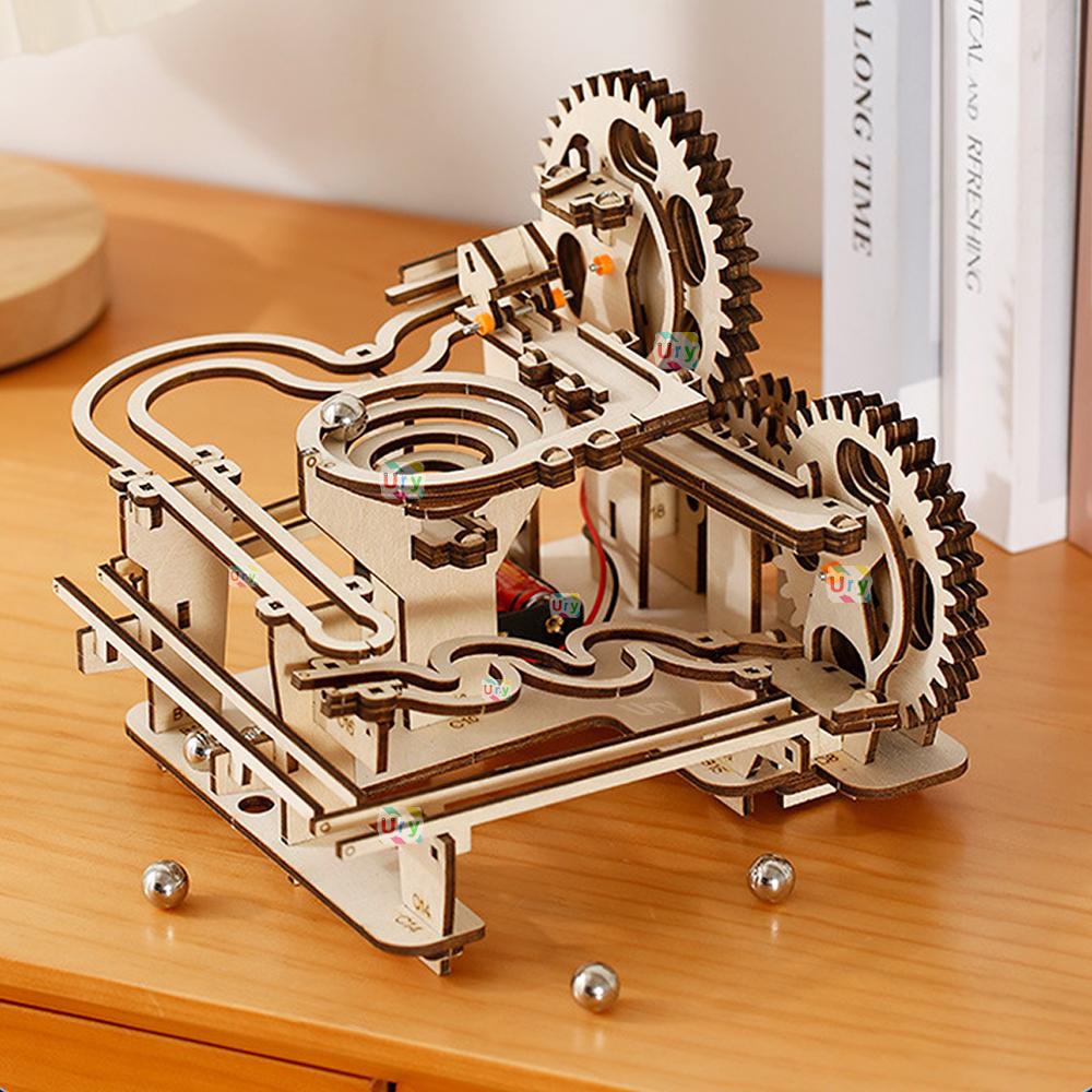 Ury 3D Wooden Puzzles Electric Catapult Track Device Marble Run Set Mechanical Model Science Maze 5 Balls Assembly Gift For Kids
