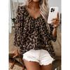 Top da Donna Temperamento Pendolare Cachi Stampa Leopardo Scollo a V Grande Plissettato Maniche a Sette Quarti Camicia
