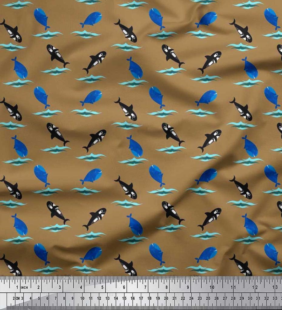 Soimoi Japan Crepe Satin Fabric Waves,Whale & Dolphin Ocean Decor Fabric Printed metre 42 Inch