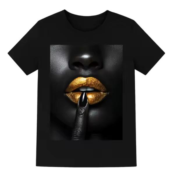 African with Gold Lips T-Shirt Black Pride Afro Tee Flirty Seductive T Shirt Lipstick Shirt Fashion Wear Trendy Tee