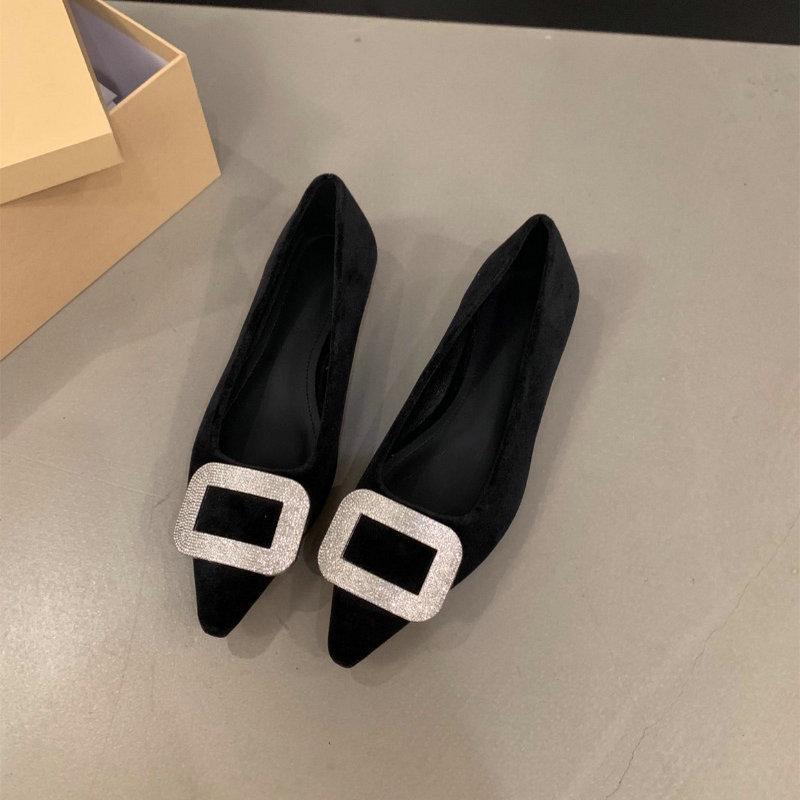 Fashion Flat Shoes Women's Shoes 2025 New Spring and Autumn Pointed Black French Rhinestone Suede Outdoor Plus Size Women's Shoes