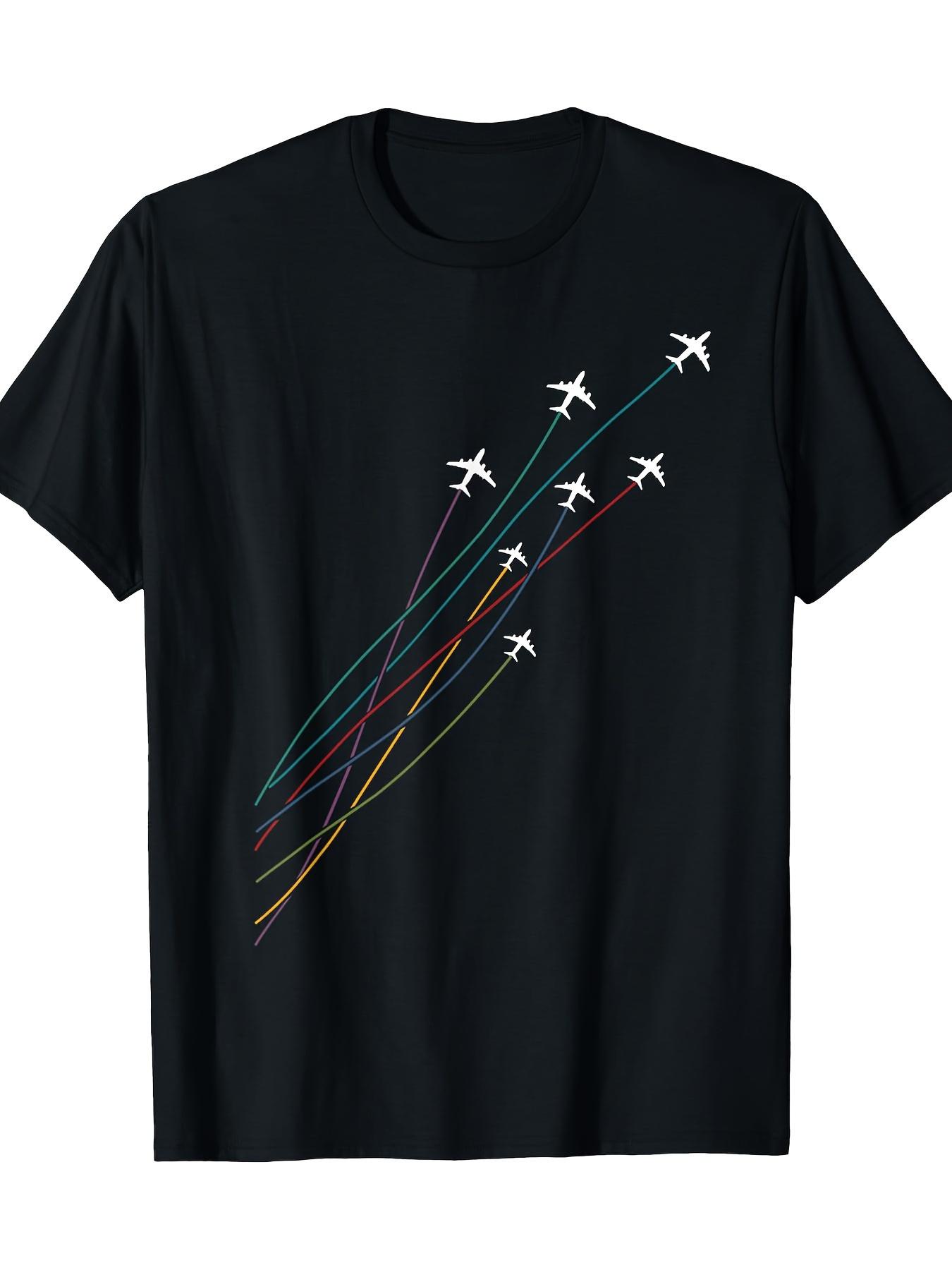 

Aviation Enthusiast T-shirt - 100% Cotton Black Short Sleeve Crew Neck Shirt with Colorful Airplane Print M