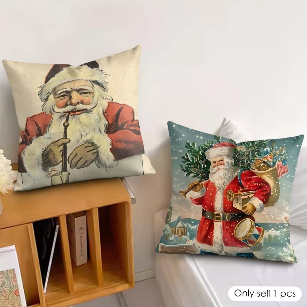 Retro Christmas Santa Claus Cushion Cover Silky Short Plush Invisible Zipper Dustproof Sofa Pillow Case For Home Decor