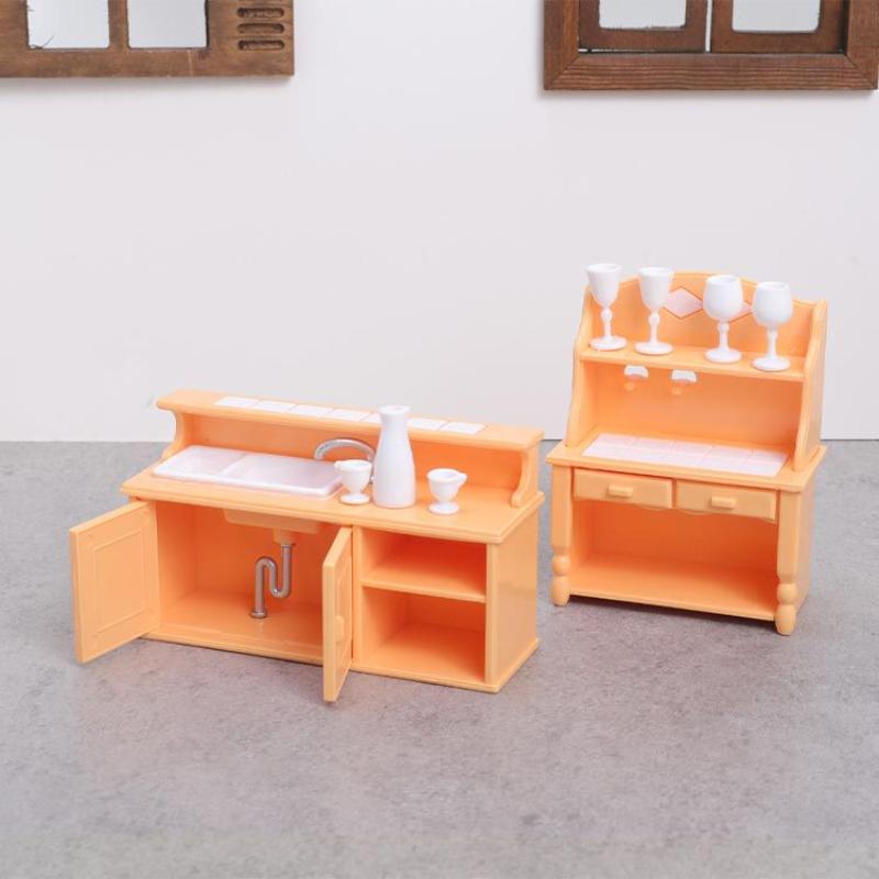 1 Set Dollhouse Kitchen Furniture Kit 1:12 Scale Sink Cabinet With Wine Glasses Dollhouse Accessory For Kids Pretend Play
