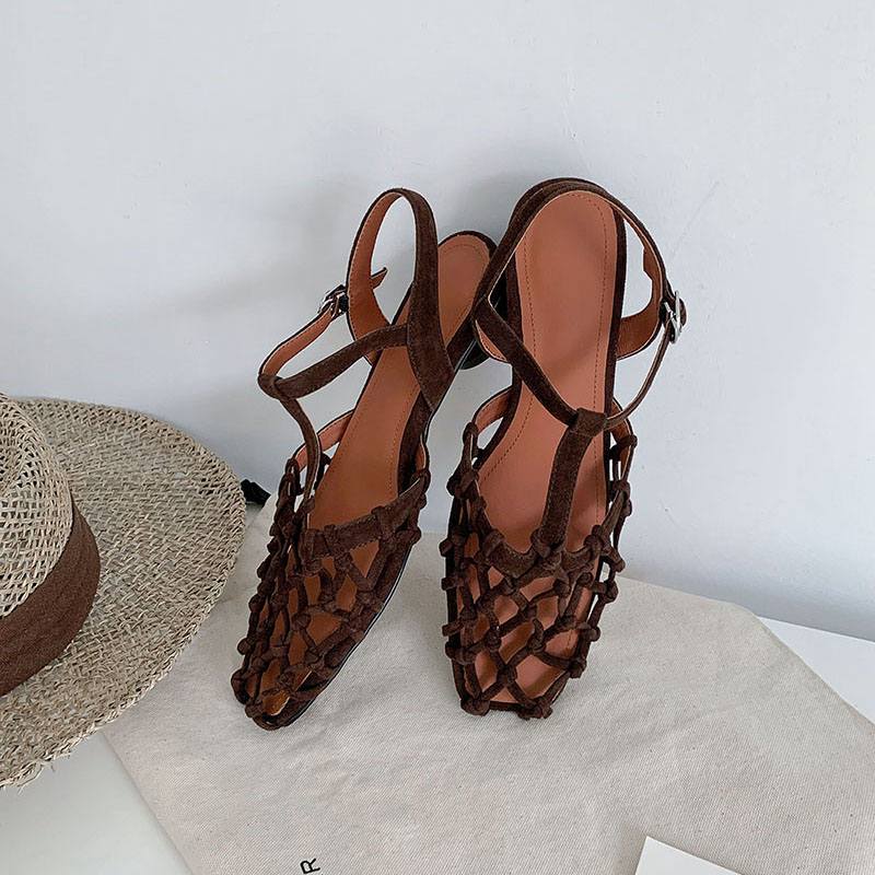 Krazing Pot Flock Summer Size 40 High Quality Slip on French Chic Thick Low Heels Sexy Lady Women Square Toe Sandals