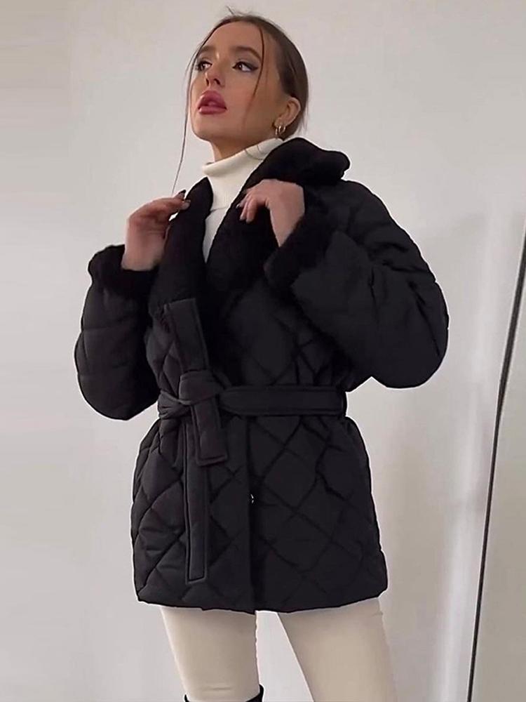 Women's Collar Tied Waistband Jacquard Thick Jacket Top