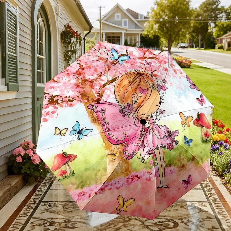 1pc fairy butterflies Automatic Folding Umbrella, Heavy Duty 8 Rib Iron Frame,  Suitable for Travel, Daily Use, Birthday, Decor Gift m0104042
