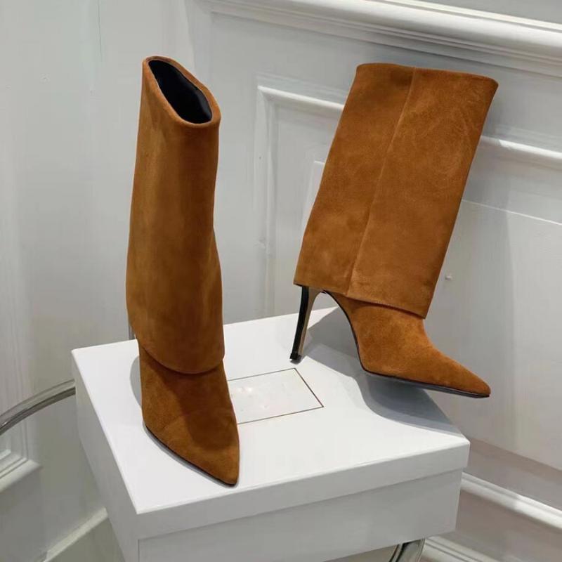 EU/US Suede Mid-Calf Boots - Pointed Toe Stiletto Heels Solid Color Over Pants Boots for Women Office Chic Winter Footwear