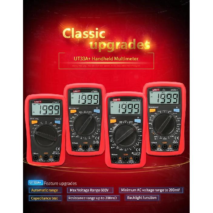 UNI-T  UT33A+ UT33B+ UT33C+ UT33D+ Palm Size Multimeter CAT II 600V LCD Display Test Lead Hanging Groove Ergonomic Design