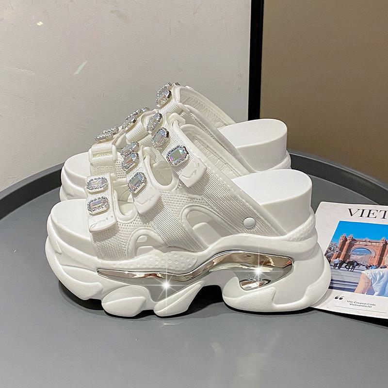 Fashion European Rhinestone Buckle Thick Bottom Higher Slope Heel Sponge Cake Casual Women's Summer New High Heel Sandals Slippers