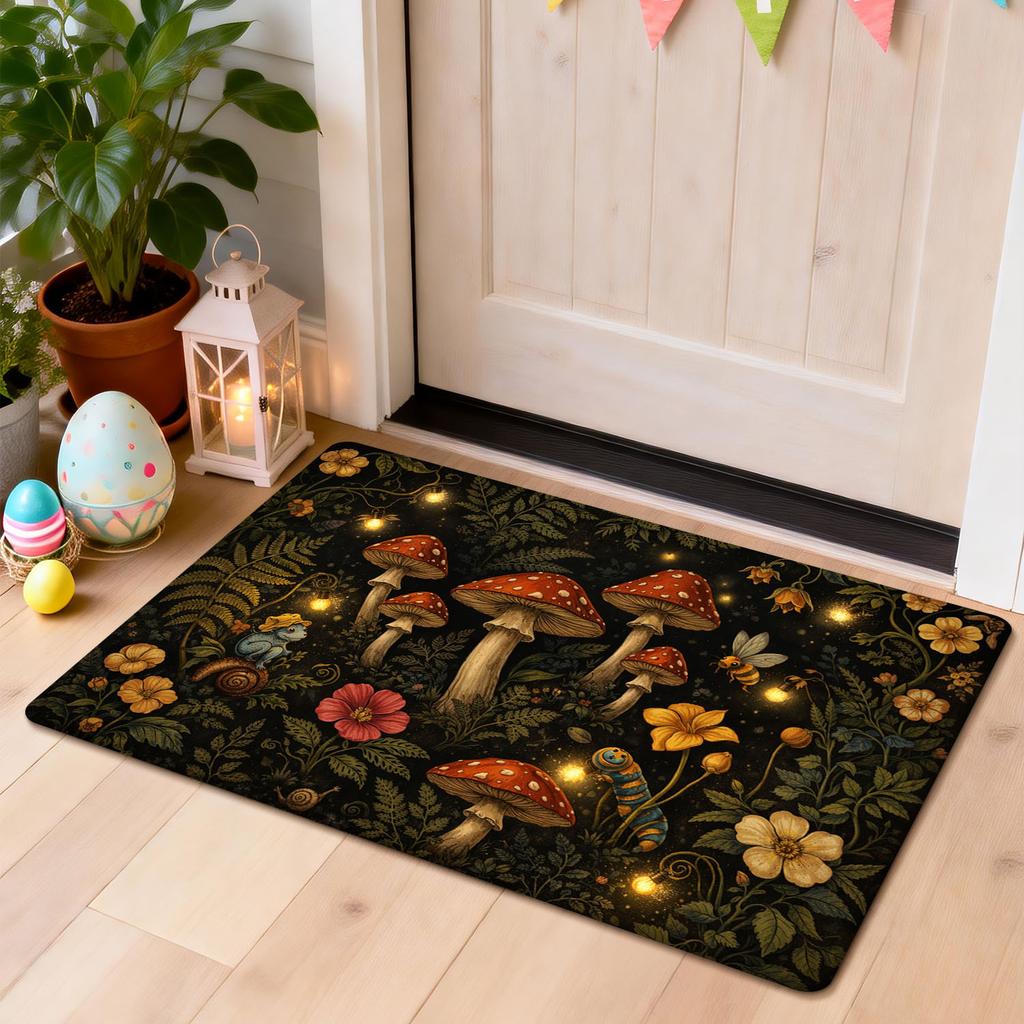 1Pcs Anti Fatigue Kitchen Rugs Firefly Mushroom Forest Print Waterproof Non Slip Thick Cushioned Mat