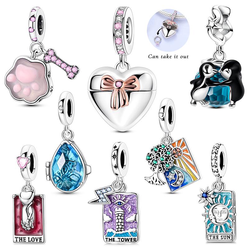 Charms 925 Silver Original Bead Openable Heart Penguin Claw For Girl Pendant Fit Bracelet Diy Woman Fashion Jewelry