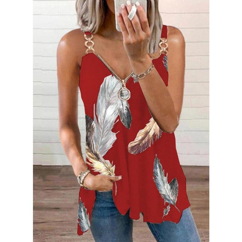 2023 Fashion Sleeveless Leaf Print Blouse For Woman V Neck Zipper Loose Shirts Elegant Casual Stylish Tops Summer Blusas 26506