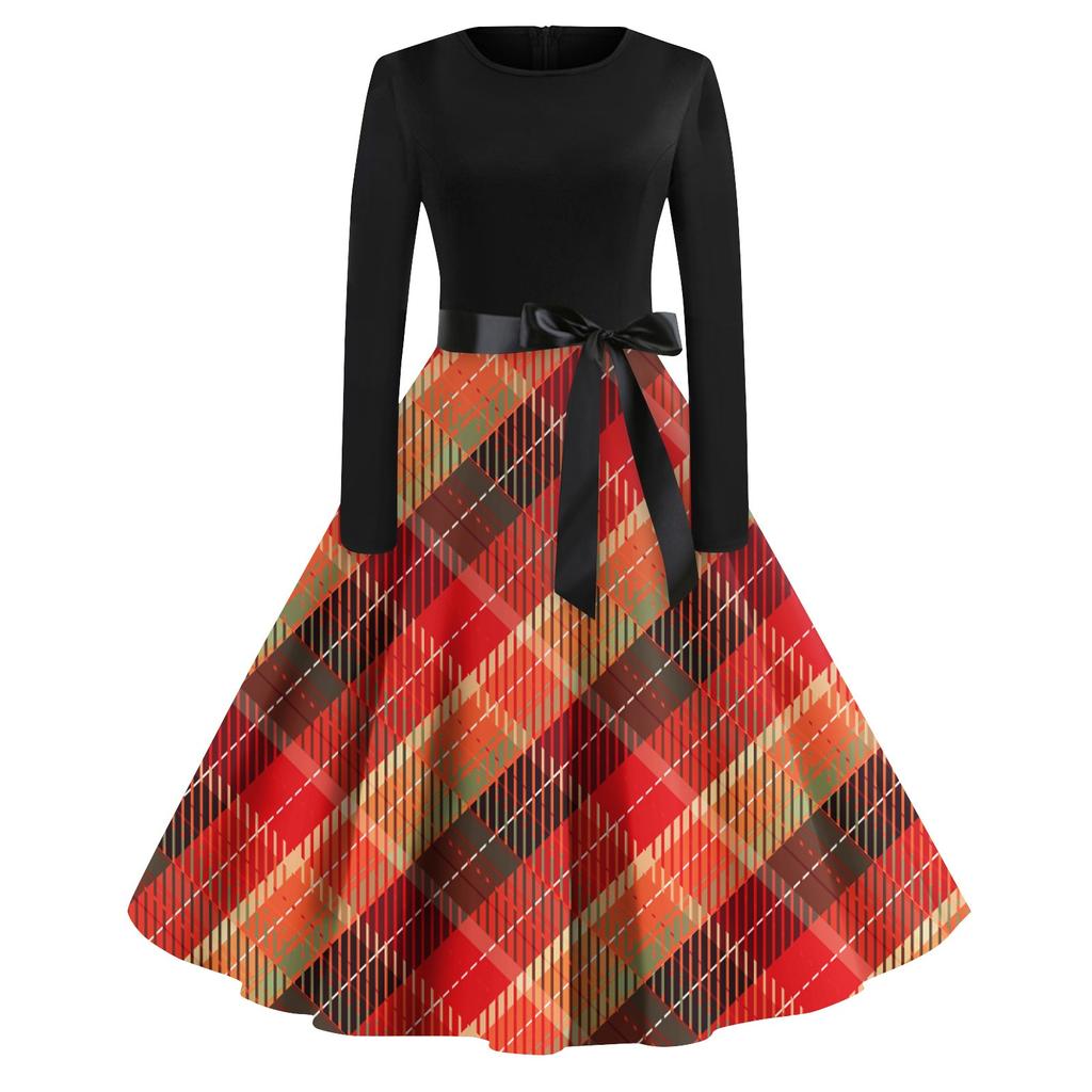 Robe de soirée à manches longues et col rond pour femme, imprimé à carreaux, style vintage, grande taille