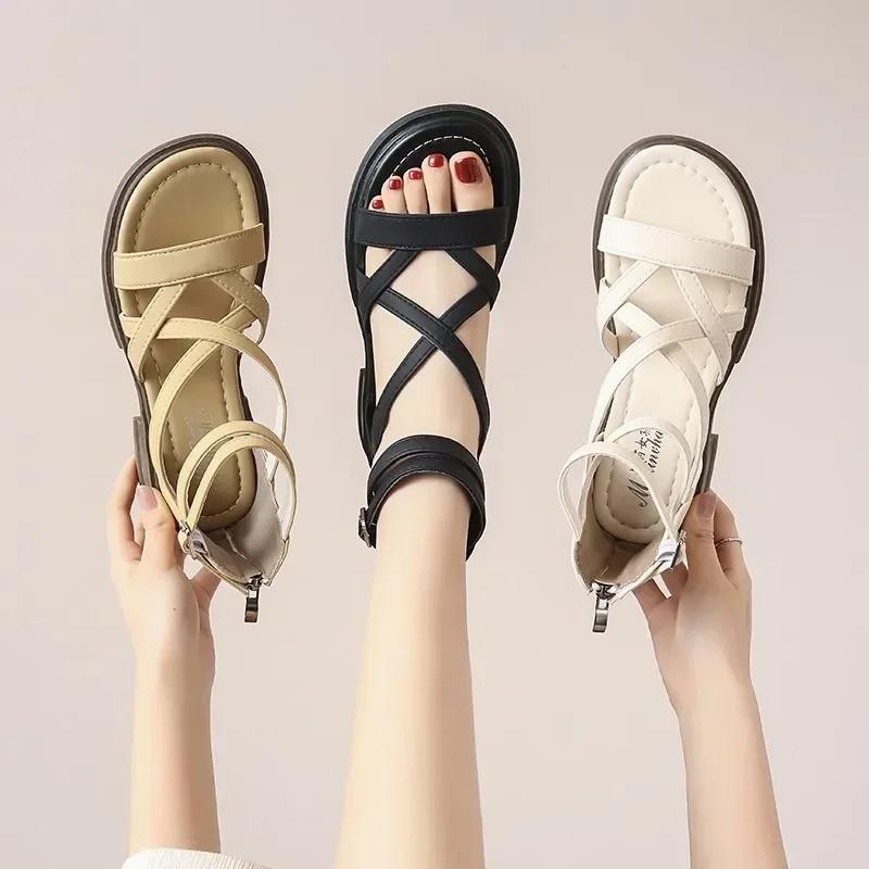 Fashion 2024 Sandals Black Shoes for Women Summer Heels All-Match New Beige Comfort Beach Low Fashion Girls Flat Gladiator Clear Lace