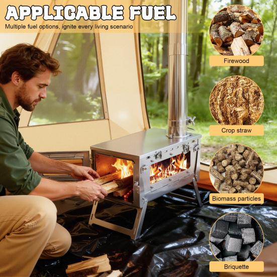 Foldable Camping Stove, Stainless Steel Portable Wood Burning Stove, Tent Stove with Visible Window, Adjustable Vent & Multiple-Section Pipe for