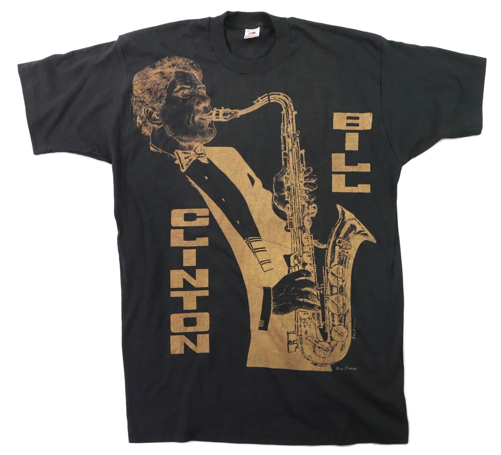 Vintage 90s 1993 USA XL Black Bill Clinton President Saxophone Jazz Tee T Shirt S
