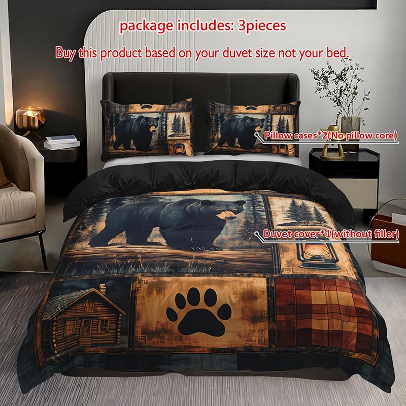 3pcs Black Bear Cabin Patchwork Bedding Duvet Cover Set Wilderness Black Bear Bedding Quilt Set Rustic Cabin Themed Bed